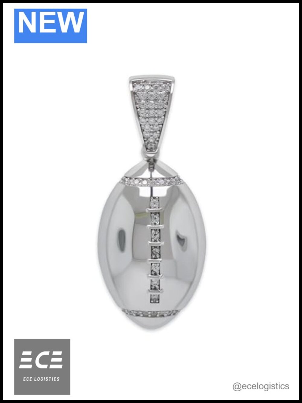 925 Sterling Silver Football Pendant 40mm Cubic Zirconia Rhodium Plated